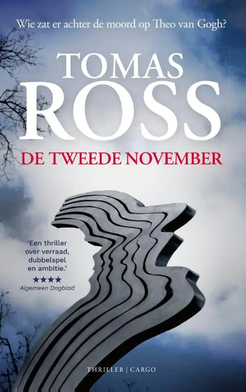 De boekomslag van tweede november toont een gestileerde zwart-witte silhouet van een gezicht tegen een blauwe lucht