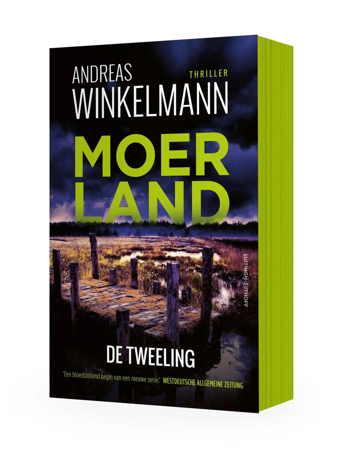 Limegroene hardcover thrillerroman de tweeling van andreas winkelmann met donker sfeervol omslag en houten palen in moeraslandschap uitgegeven door luitingh sijthoff