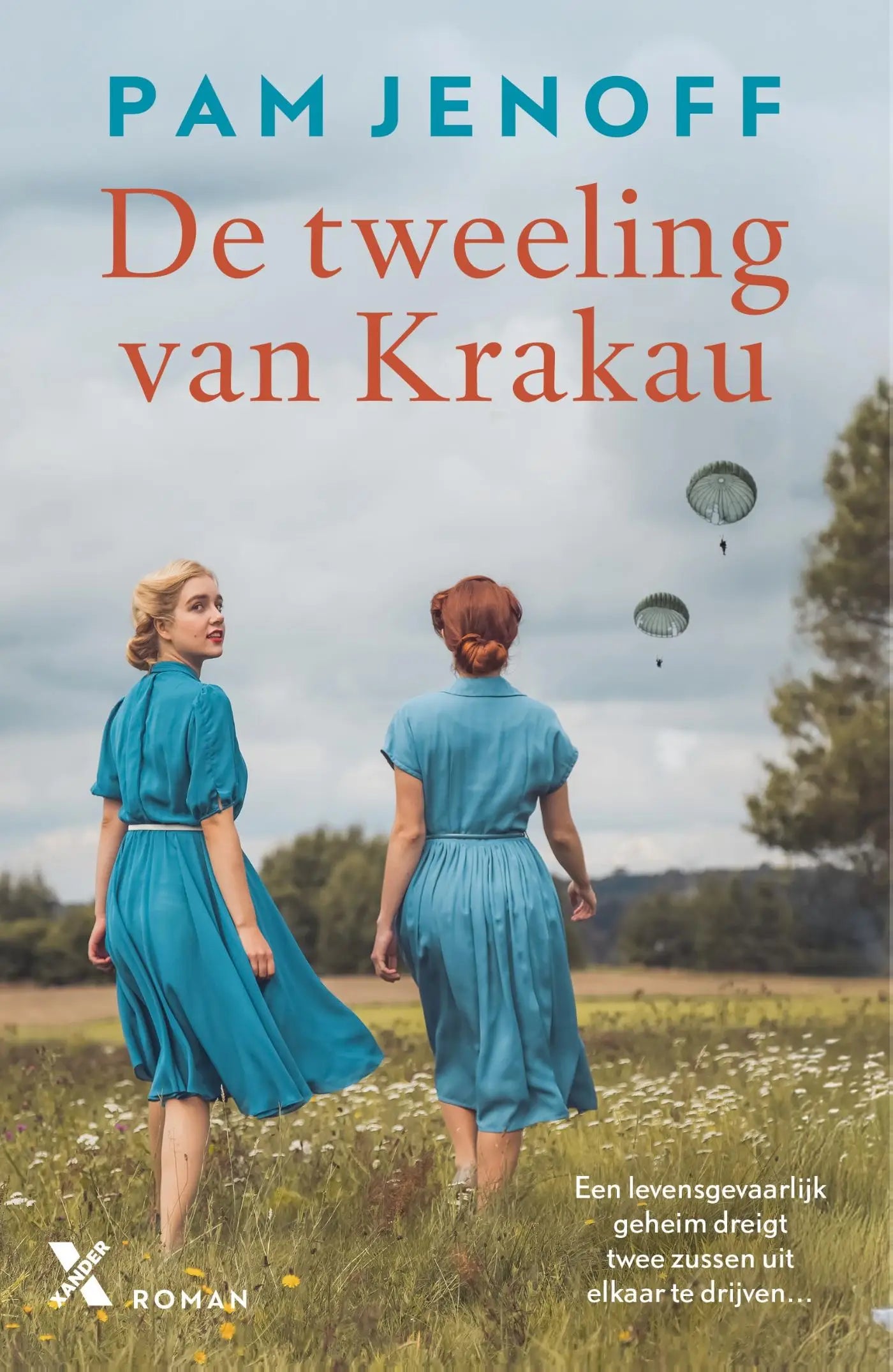 De tweeling van krakau boekcover met twee vrouwen in een levendige tealblauwe jurk wandelend door een veld wilde bloemen