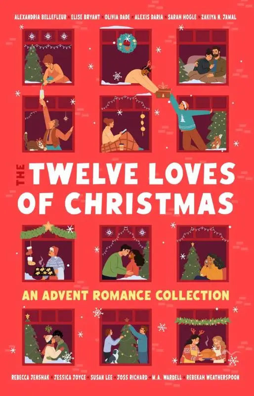 Rode boekomslag met illustraties van koppels in kerstachtige scènes getiteld twelve loves of christmas an advent romance collection