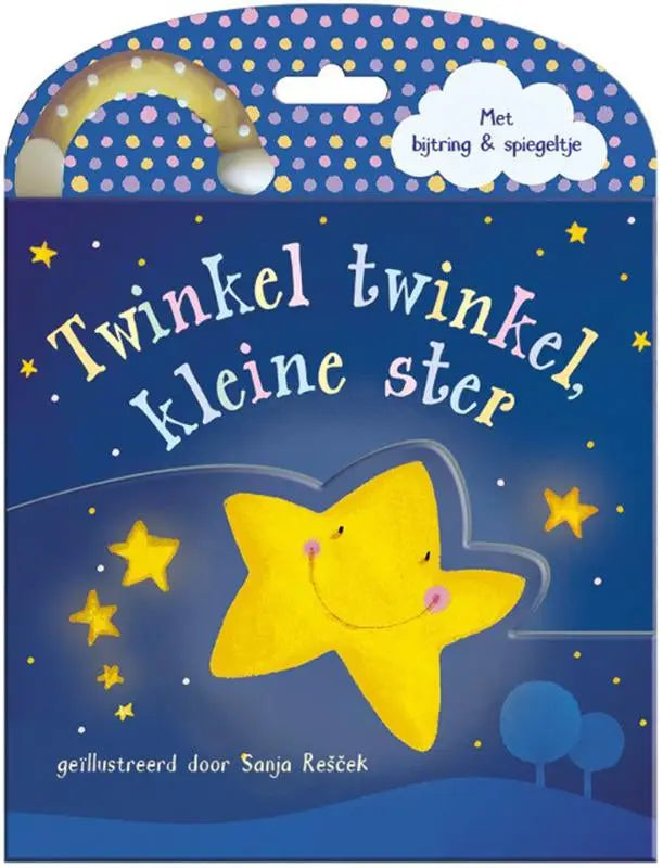 Zachte gele stervormige pluche twinkel twinkel kleine ster met glimlachende gezicht en bijtring tegen nachtelijke achtergrond