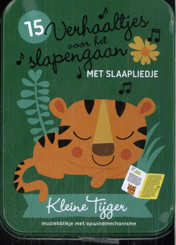 Groen metalen twinkel twinkel muziekblikje met muzikaal verhaaltjesboek en oranje cartoon tijger op de voorkant