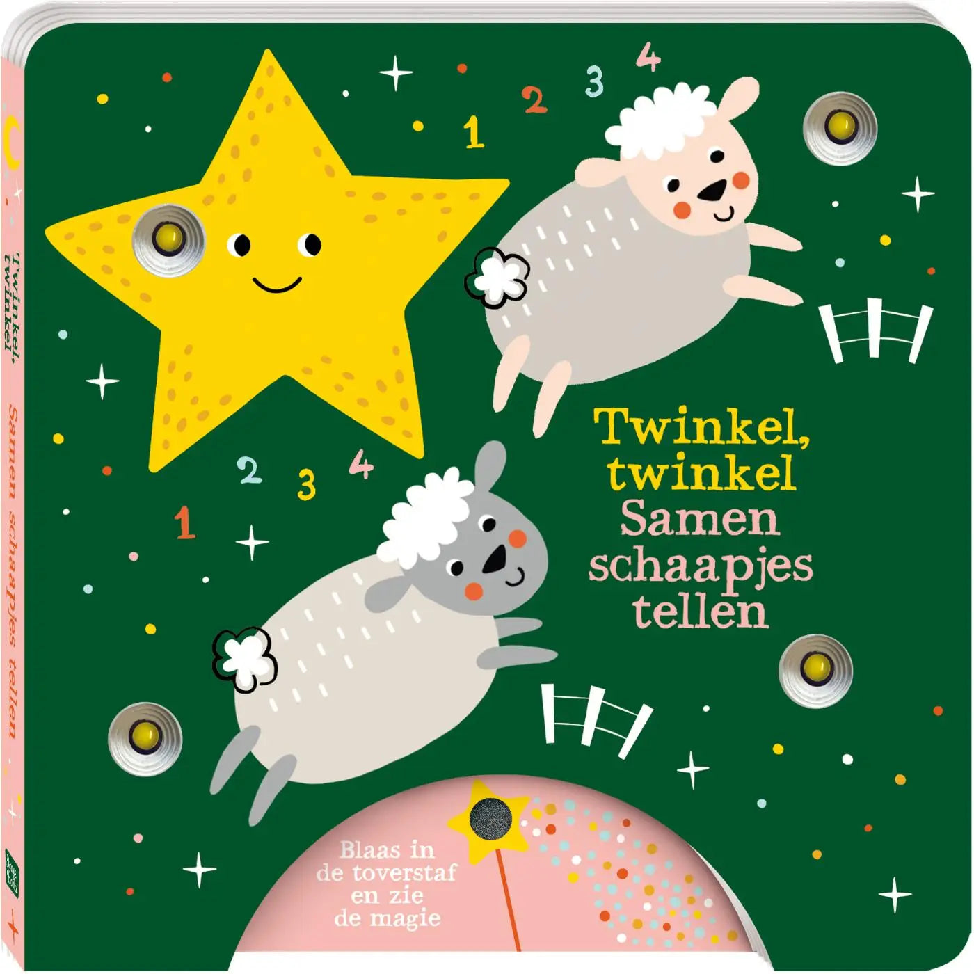 Een interactief groen kinderboek twinkel met schaapjes tellen en een glimlachende gele ster voor jonge lezers