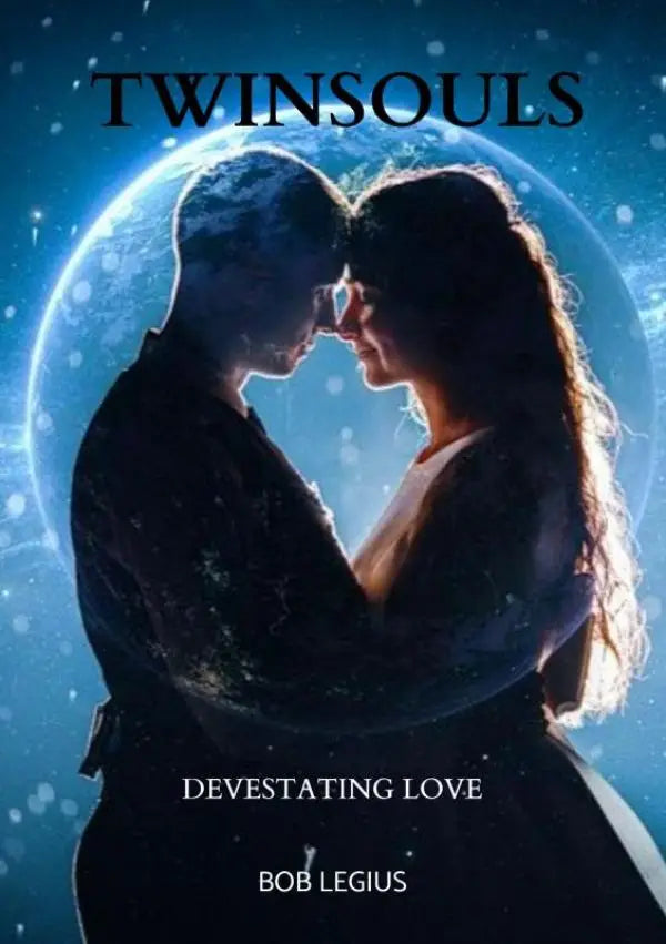 De boekcover van twinsouls devestating love door bob legius toont een silhouet van een omhelzend paar voor een blauwe planeetachtergrond