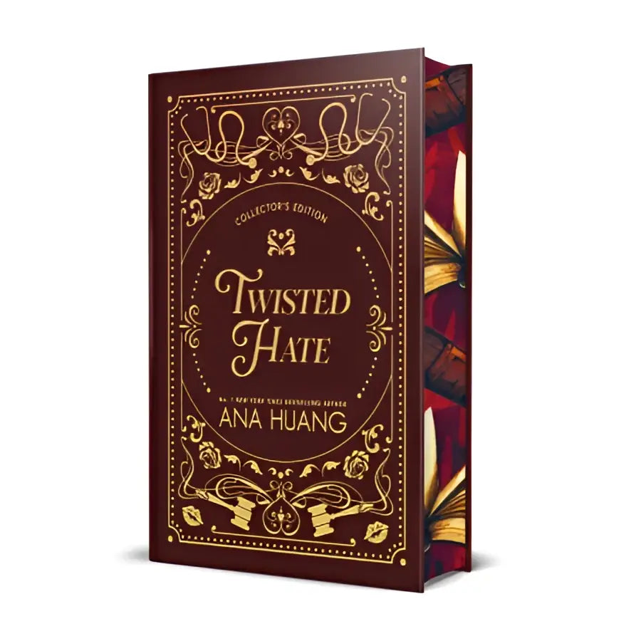 Donkere bruine hardcover van twisted hate collector’s edition met goudfolie detailing en elegante scriptlettertype