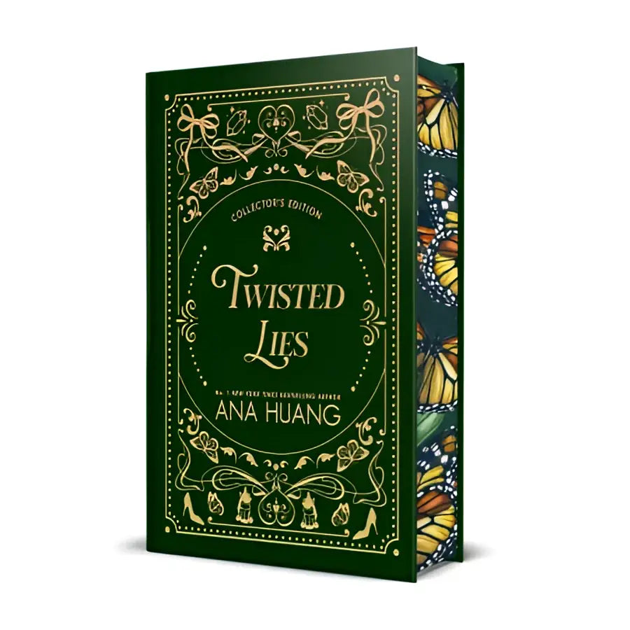 Donkergroene hardcover boek met goudfolie details en vlinderillustraties op de rug van twisted lies collector’s edition