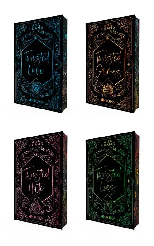Vier limited edition hardcover boeken met donkere kaften en glanzende folie ontwerpen van twisted love games pakket