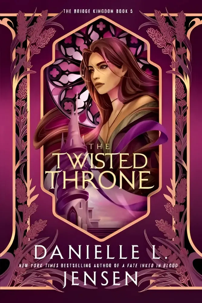 De twisted throne boekcover toont een vrouw met lang bruin haar en paarse gewaden voor een glas-in-loodraam
