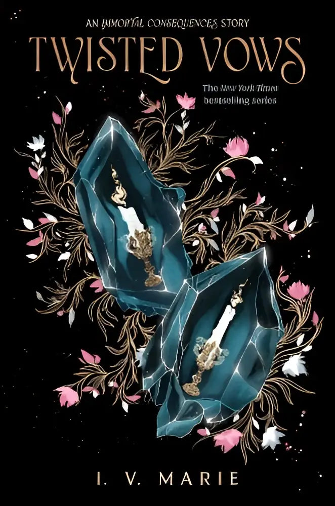 De cover van het boek twisted vows toont twee grote doorschijnende groene kristallen met gouden details in een immortal consequences story design