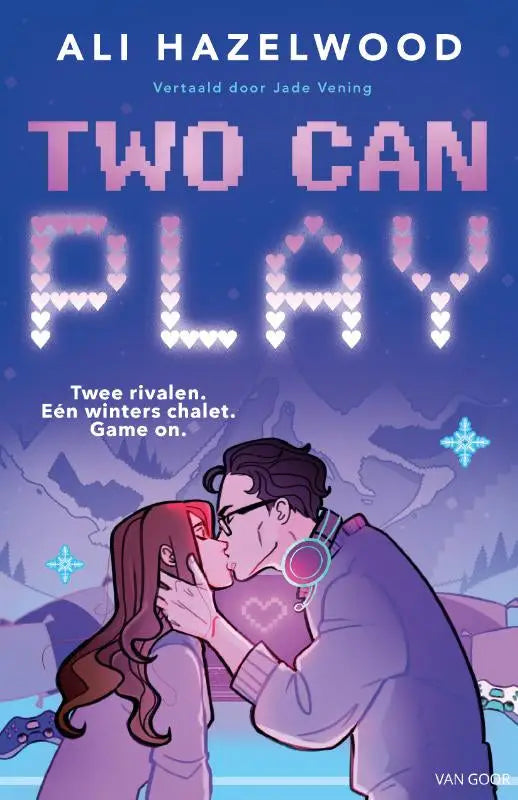 Pixel-art boekomslag van two can play met een koppel dat kust voor een besneeuwde achtergrond en roze hartletters