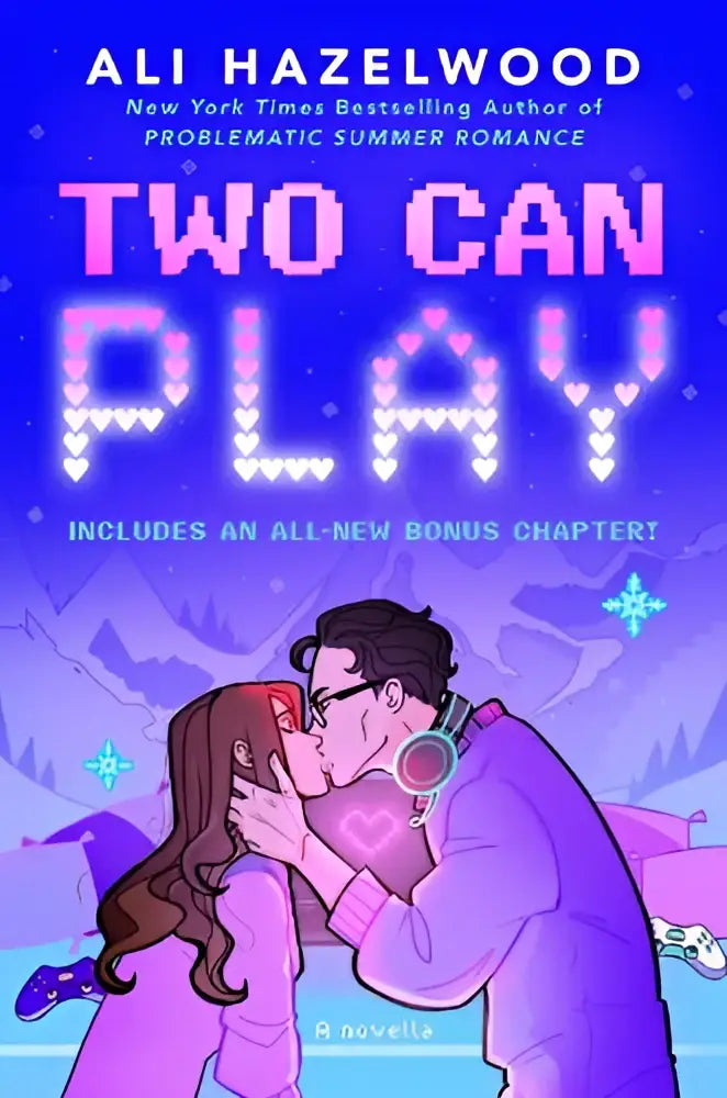 Purple and pink pixelated book cover of two can play featuring a couple kissing with headphones against snowy mountains