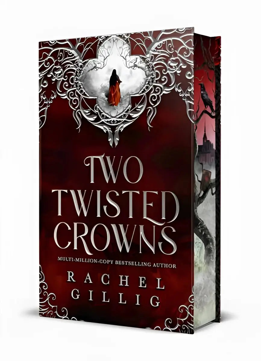 The book Two Twisted Crowns by Rachel Gillig has a dark red cover with silver filigree and an ornate emblem