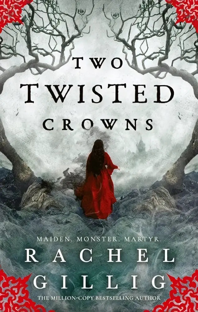Een opvallende rode mantel op een eenzame figuur tussen verwrongen bomen onder nevelige lucht in two twisted crowns