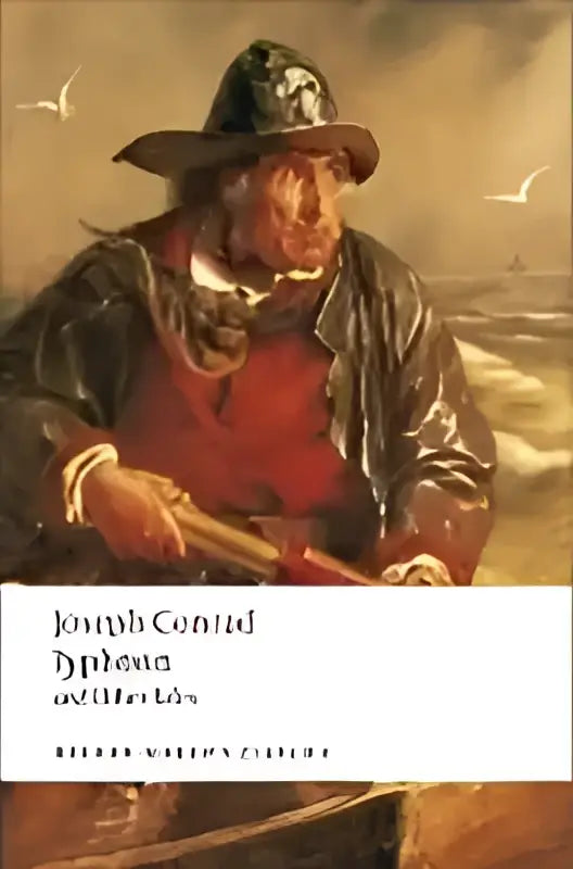Hardcover boek typhoon and other tales van joseph conrad met een getextureerde aardetint omslag en illustratie van man