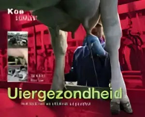 Cover van uiergezondheid van roodbont publishers met rode achtergrond en zwart-witte tekst bij bewegende benen