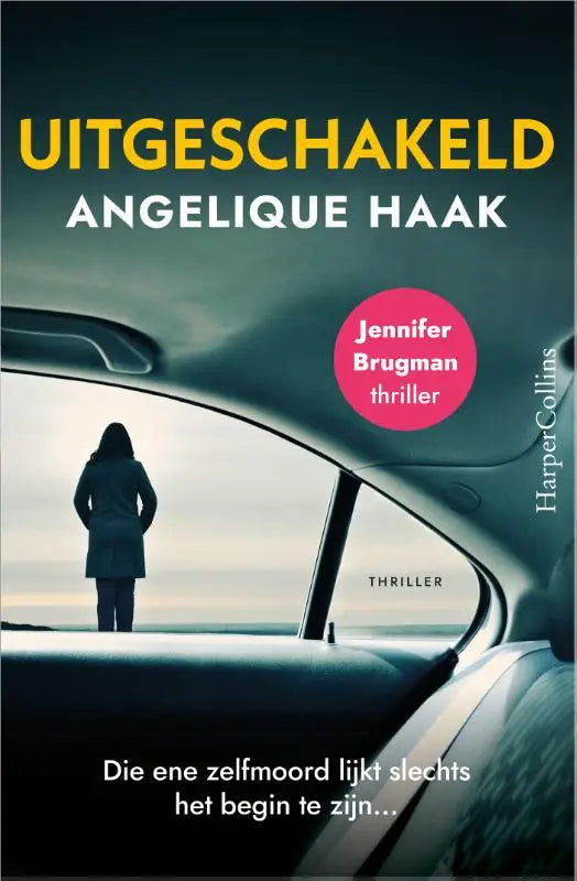 De boekcover van uitsgeschakeld door angelique haak toont een donkere silhouetvrouw naast een open autodeur onder een sombere lucht in het boek ene zelfmoord dreigt