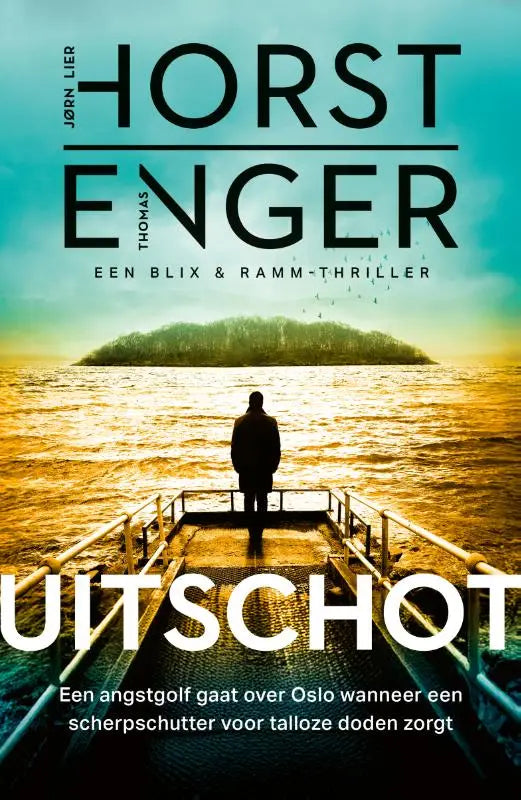 De boekomslag van uitschot toont een silhouet van een man op een houten steiger met een dramatische oceaanachtergrond