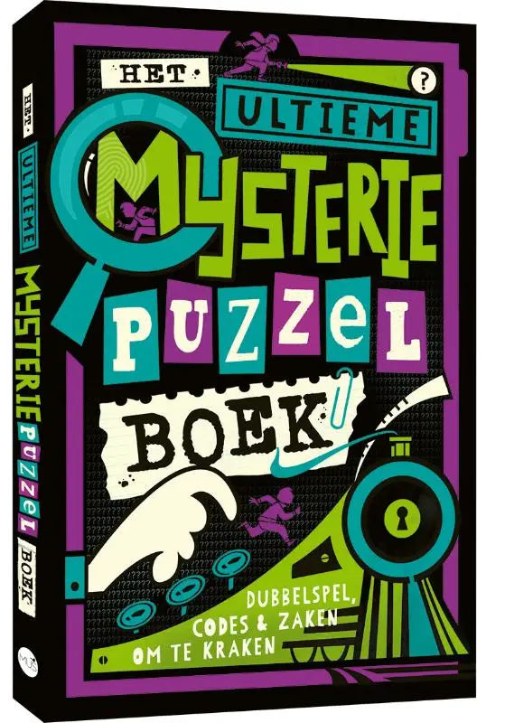 Het ultieme mysterie puzzelboek dubbelspel met kleurrijke groene en paarse letters op zwarte achtergrond