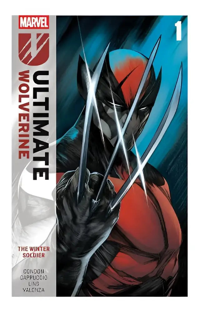 Red and black ultimate wolverine comic book cover featuring the winter soldier with metallic claws extended