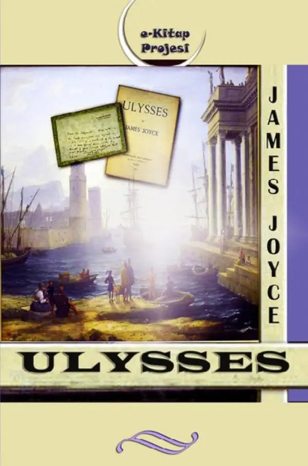 De cover van de e-book ulysses van james joyce toont een klassieke illustratie met vintage boekjes boven een oude haven