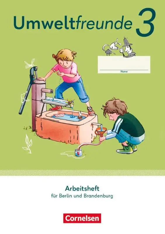 Groen werkboek umweltfreunde 3 mit wegweiser arbeitstechniken met illustraties van kinderen bij een waterpomp