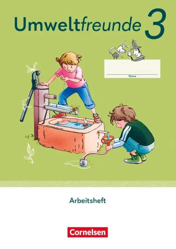 De cover van het umweltfreunde 3 werkboek toont kinderen bij een oranje waterpomp tegen groene achtergrond met wegweiser arbeitstechniken