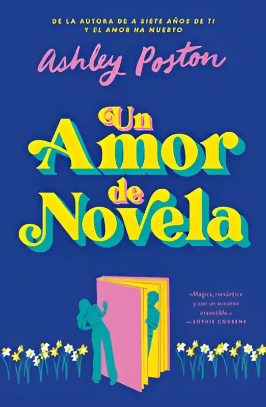 De boekcover van Un Amor de Novela toont een levendige blauwe achtergrond met kleurrijke titel en silhouetten bij open boeken