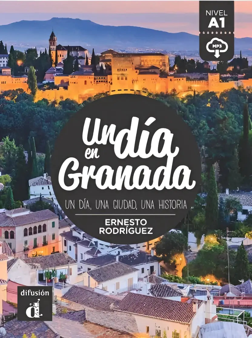 Omslag Un día en Granada door Ernesto Rodríguez, luchtfoto Granada bij schemer