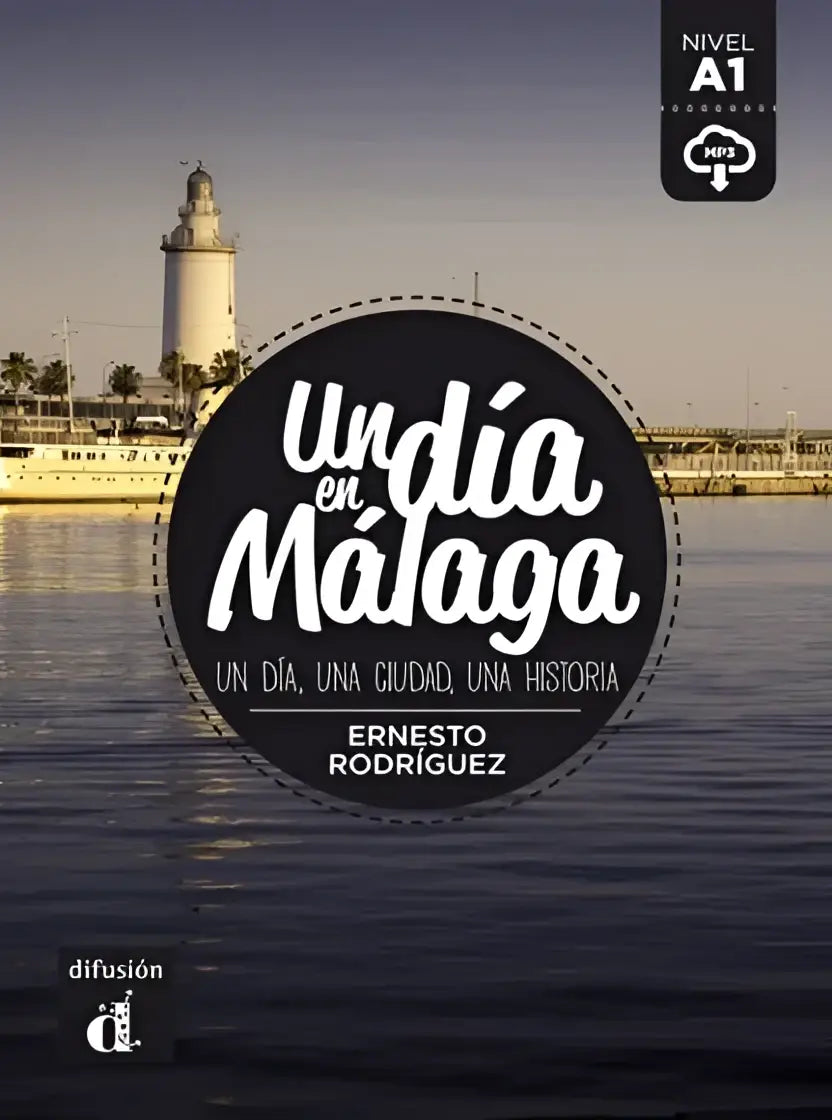 Zwarme ronde boekcover Un día en Málaga met vuurtoren op achtergrond