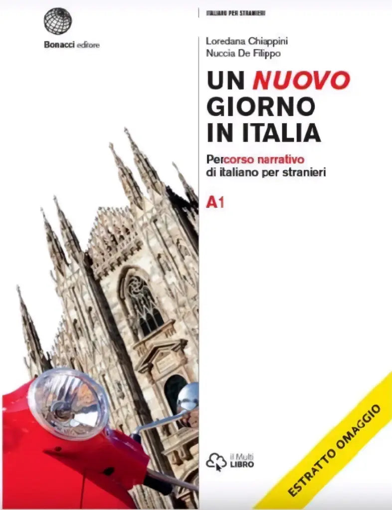 De cover van het italiense leermethodeboek un nuovo giorno in italia toont een rode scooter voor een stenen kathedraal in het percorso narrativo