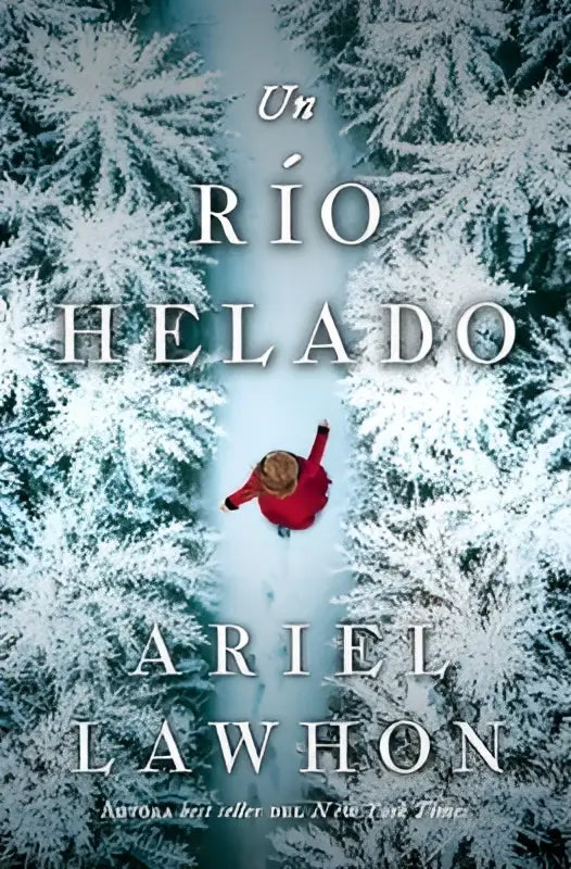 Een rode winterjas gedragen door een persoon die van een bevroren rio helado rivier glijdt omringd door met sneeuw bedekte bomen