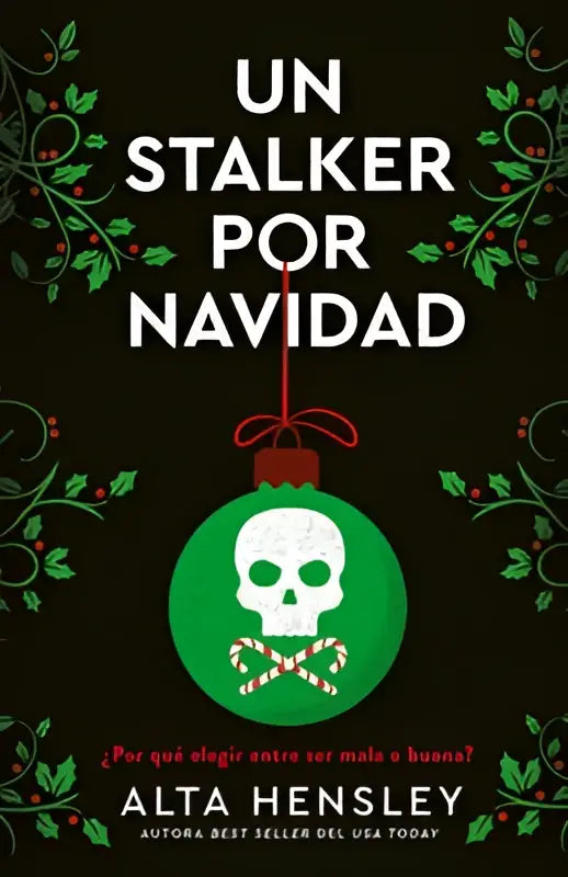 Groene kerstbal stalker por navidad met een witte schedel en gekruiste zuurstokken als decoratie