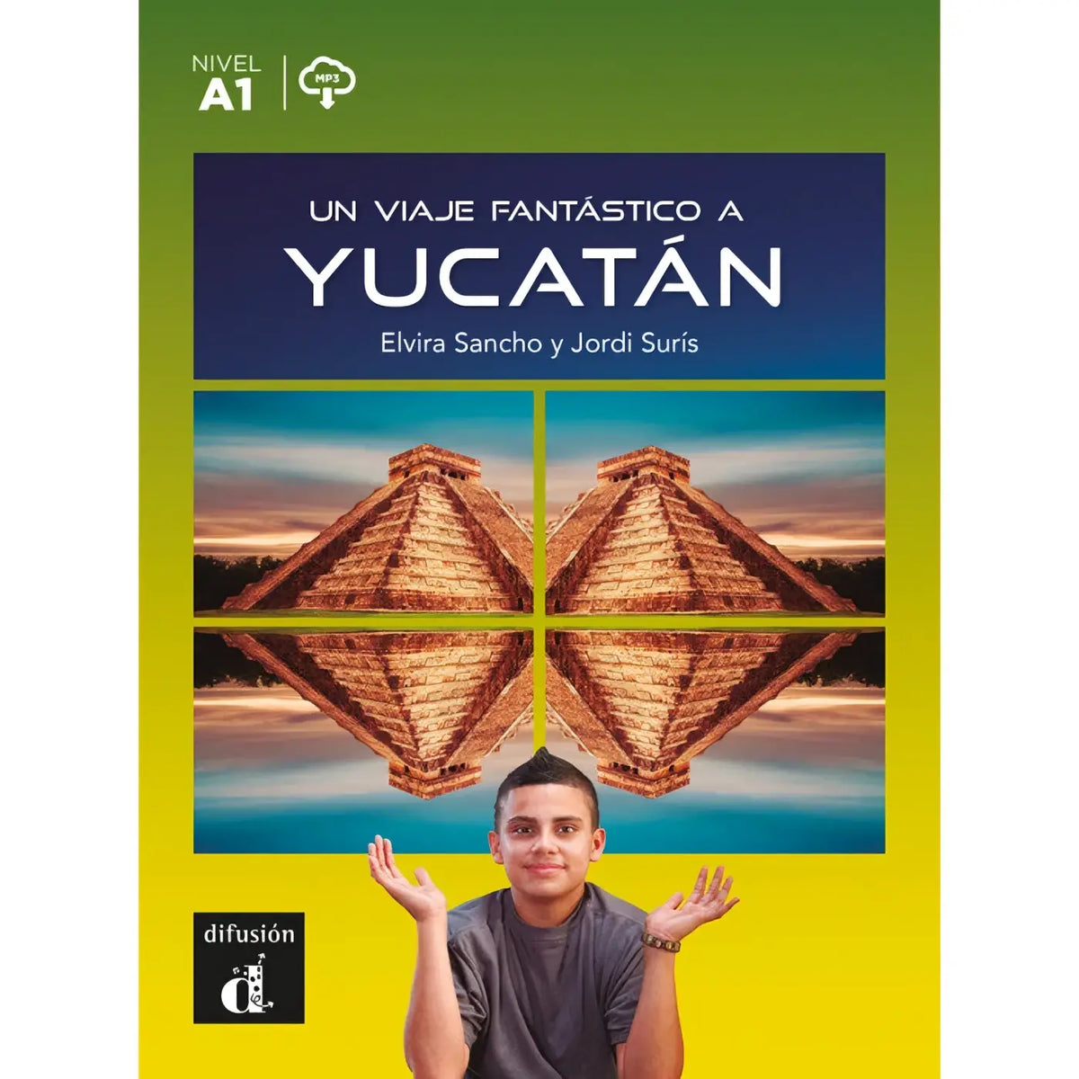 Een levendig groen en geel boekomslag met een spiegelbeeld van de oude maya-piramide van chichén itzá voor un viaje fantástico a yucatán