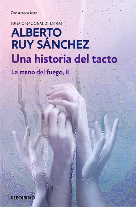 De omslag van het boek una historia del tacto toont een paarse en blauwe achtergrond met translucente handen centraal