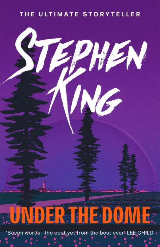 Paars boekcover van under the dome door stephen king met witte letters en silhouetten van dennenbomen twilight achtergrond epic thriller