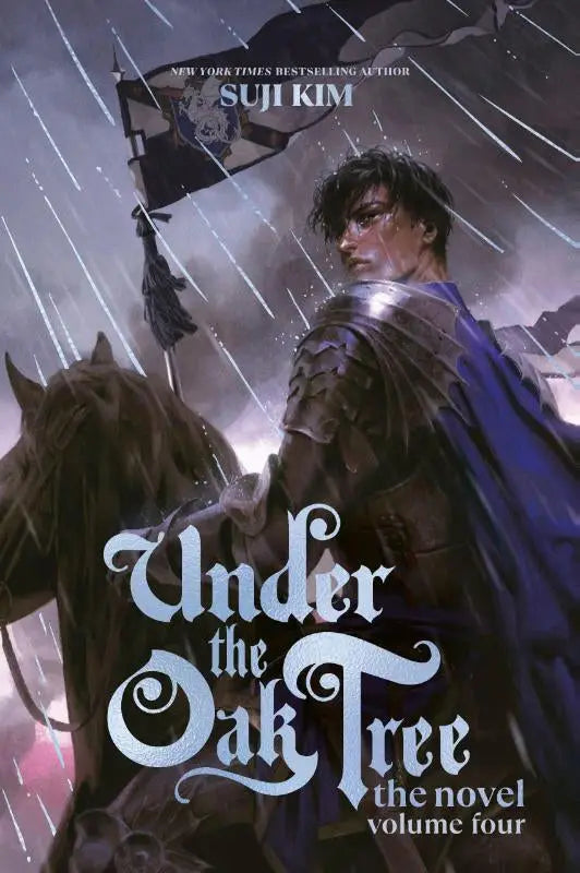 De cover van under the oak tree volume vier toont een donkere fantasieillustratie met ridder en paard in de regen
