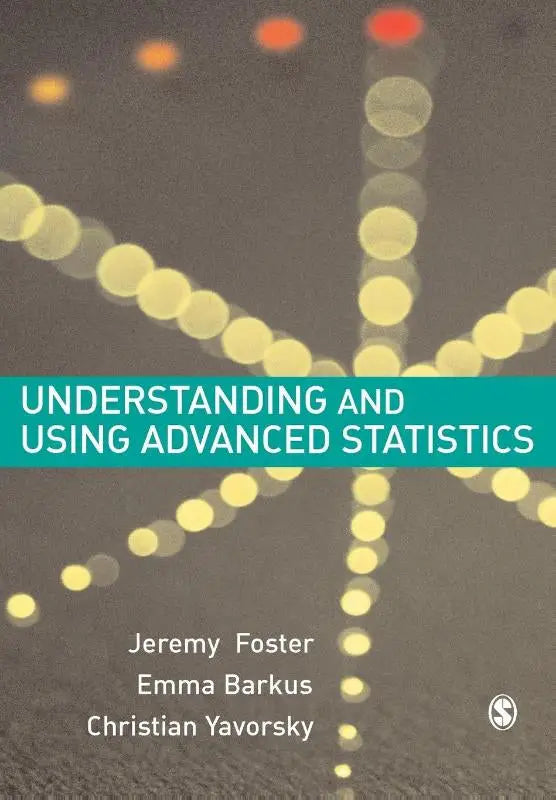 De boekcover van understanding and using advanced statistics voor studenten toont warme gele en rode bokeh op donkergrijze achtergrond