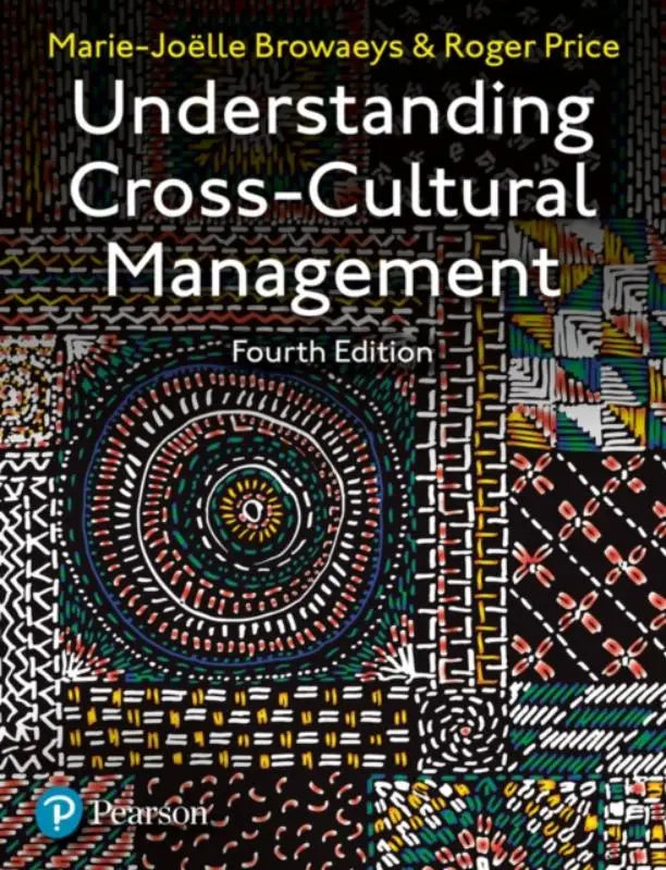 De boekcover van understanding cross-cultural management vierde editie door browaeys en price toont een kleurrijk geometrisch ontwerp