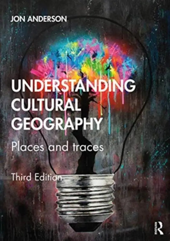 De boekcover van understanding cultural geography toont een kleurramp lichtbol met verfspatten en vogelzwarte silhouetten