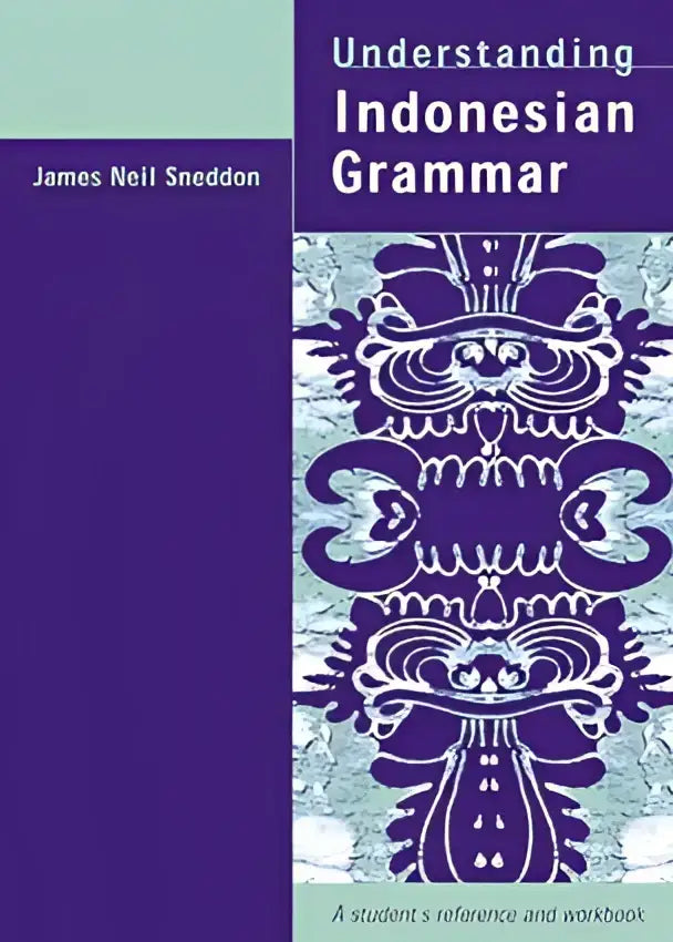 Purple and light blue book cover of understanding indonesian grammar featuring intricate batik-inspired patterns