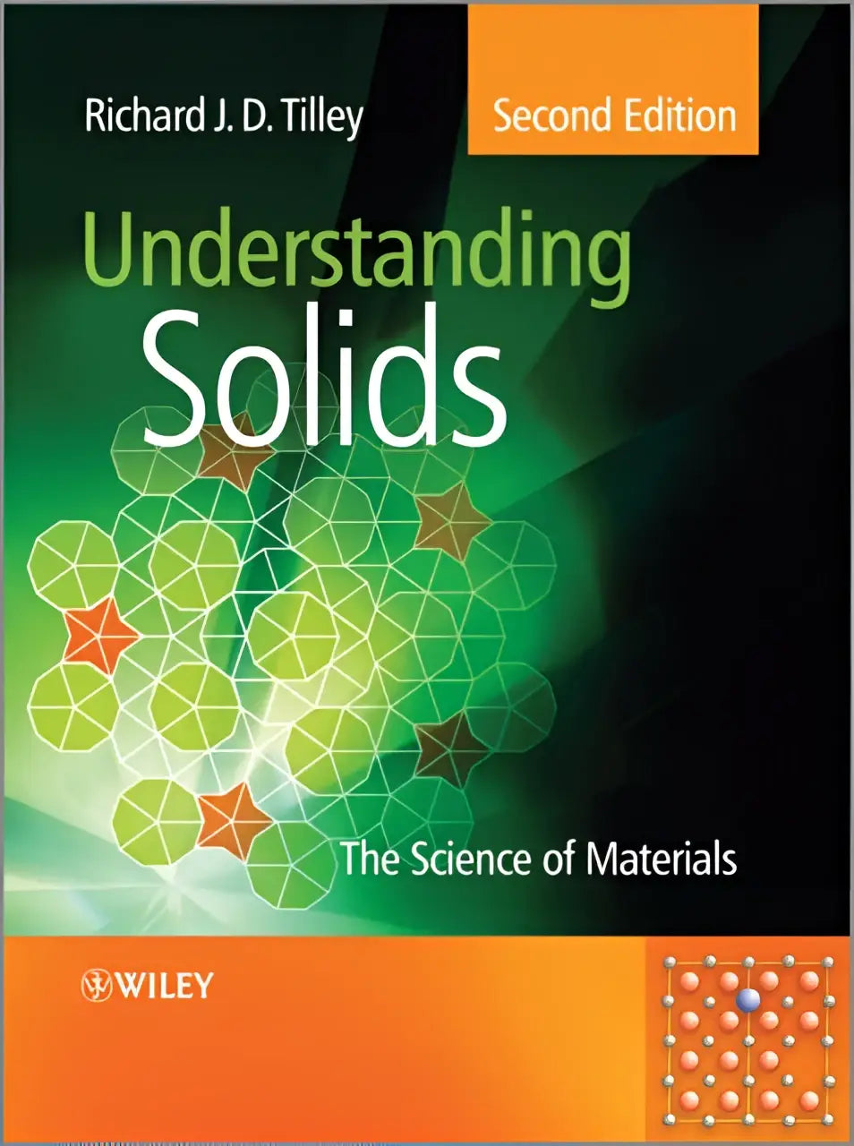 Groene en oranje boekomslag met geometrisch raster en stervormige elementen van understanding solids de wetenschap van materialen door richard j voor een introductie tot de chemie en fysica