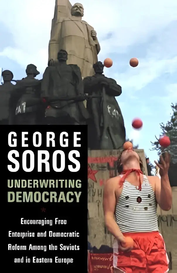 De boekomslag van underwriting democracy toont de titel george soros in witte letters op een zwarte achtergrond