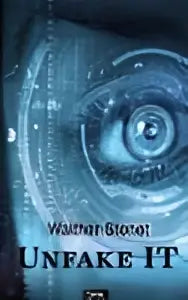De cover van de roman unfake it van warner groot toont concentrische, gloeiende blauwe cirkels die uitstralen