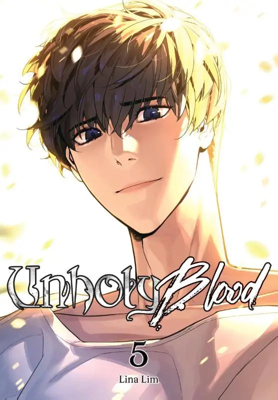 De cover van de manga unholy blood volume 5 toont een mannelijke figuur met blauwachtige ogen en een lichtpaarse top