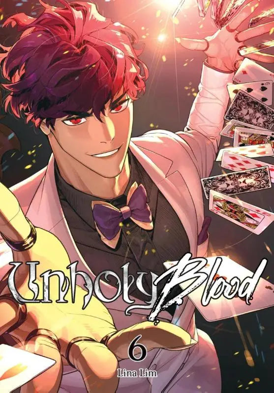 Een levendige animeillustratie van een jonge man met rood haar in een roze pak op de cover van unholy blood volume 6