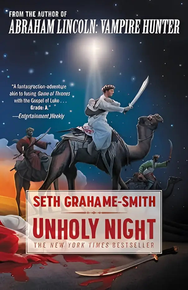 De boekcover van unholy night toont een krijger te paard met zwaard onder een sterrenhemel in rood en wit