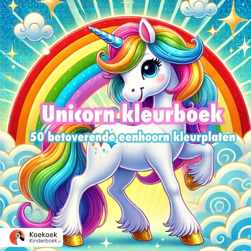 Een betoverende eenhoorn met een regenboogkleurige vacht en gouden hoeven op een wolkenlucht in een eenhoorn kleurplaten kleurboek
