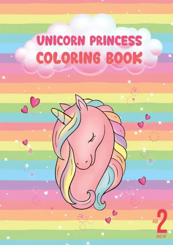 Unicorn princess coloring book met roze eenhoorn prinses, regenboogstrepen en hartdetails voor kinderen