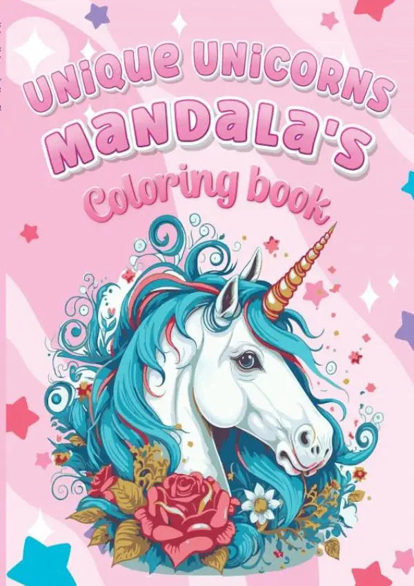 Pink kleurboek unique unicorns mandala’s met gedetailleerde eenhoorn illustratie en rozen op de omslag