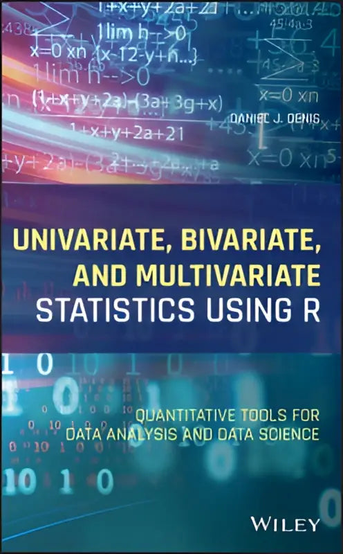 Boekomslag van univariate bivariate en multivariate statistics using r met witte tekst en wiskundige en data patronen op donkerblauw achtergrond